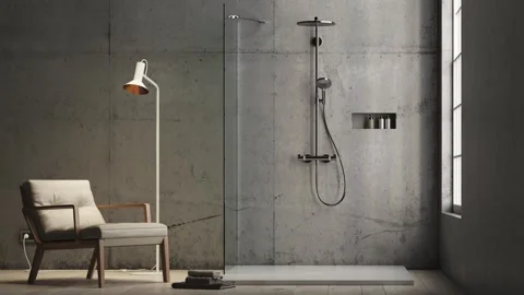 3d Render of modern Concrete wall bathroom with shower Video stock 292978532