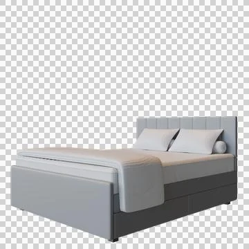 3D render of a modern double bed with headboard, pillows, and duvet, side vie Stock Illustration