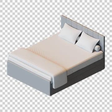 3D render of a modern double bed with headboard, pillows, and duvet, isomet.. Stock Illustration