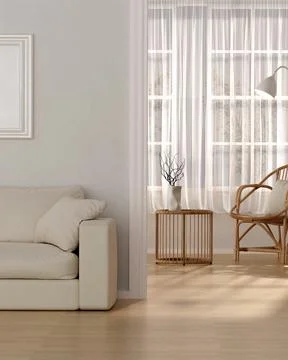 3D Render of a Modern Interior with Cozy Sofa and Natural Light Through Sheer Stock Illustration
