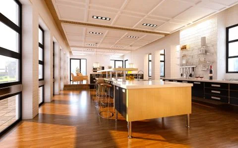3d render modern kitchen and dining room Stock Photos