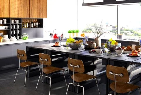 3d render modern kitchen and dining room Stock Photos