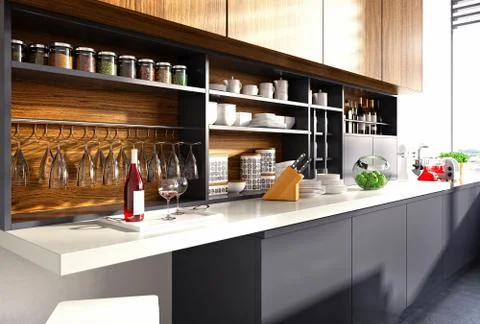 3d render modern kitchen and dining room Stock Photos