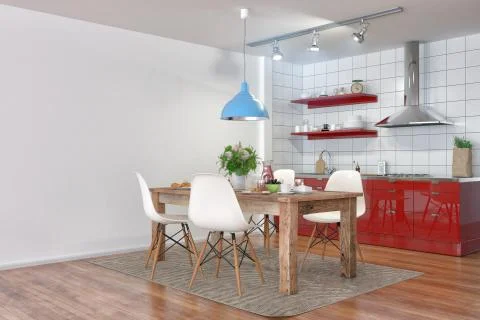 3d render - modern kitchen interior with dining area Illustrazione stock