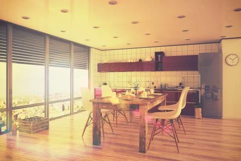 3d render - modern kitchen interior with dining area - loft - retro style Stock Illustration
