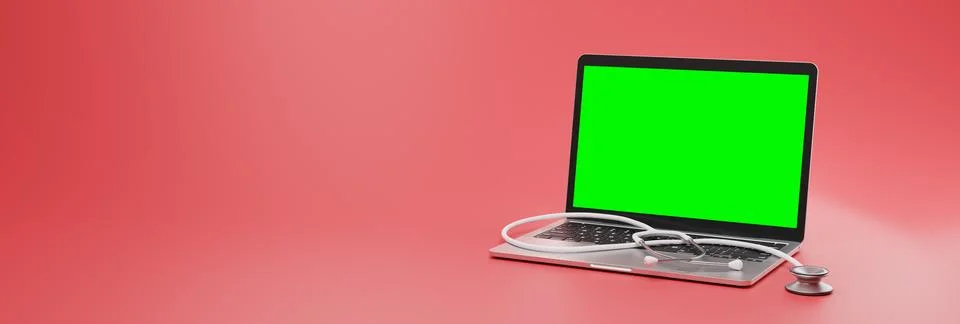 3D render of a modern laptop with stethoscope in front of red background Stock Illustration
