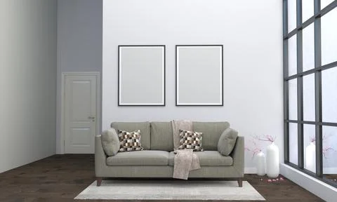 3D render of a modern living room with blank frames on the wall for your imag Illustrazione stock