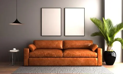 3D render of a modern living room with blank frames on the wall for your imag 스톡 일러스트