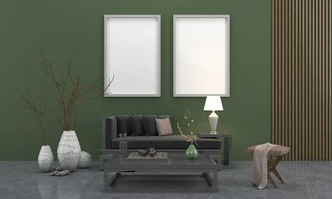 3D render of a modern living room with blank frames on the wall for your imag Stock Illustration