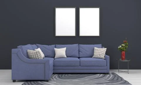 3D render of a modern living room with blank frames on the wall for your imag 스톡 일러스트