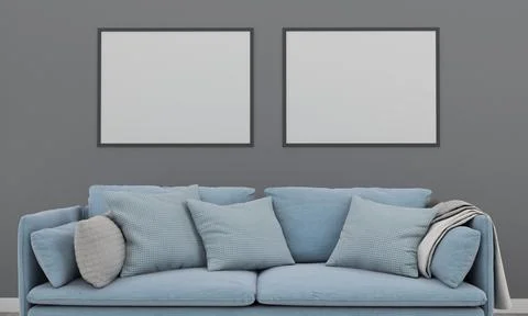 3D render of a modern living room with blank frames on the wall for your imag Stock Illustration