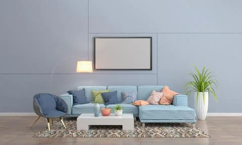 3D render of a modern living room with a blank frame on the wall 스톡 일러스트