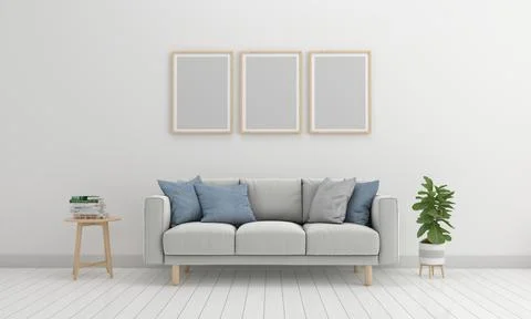 3D render of a modern living room with blank frames on the wall for your imag Stockillustratie