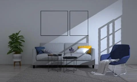 3D render of a modern living room with blank frames on the wall for your imag Illustrazione stock