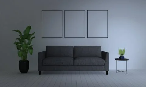 3D render of a modern living room with blank frames on the wall for your imag Stock-Illustration
