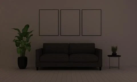3D render of a modern living room with blank frames on the wall for your imag Stock Illustration