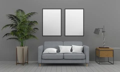 3D render of a modern living room with blank frames on the wall for your imag Stock-Illustration
