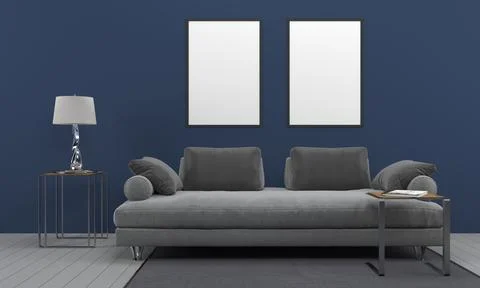 3D render of a modern living room with blank frames on the wall for your imag Stock Illustration