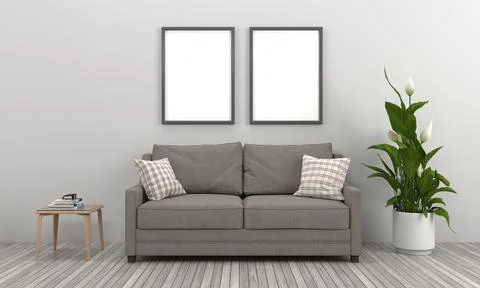3D render of a modern living room with blank frames on the wall for your imag Stock-Illustration
