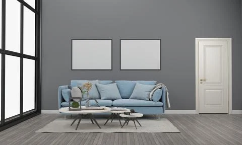3D render of a modern living room with blank frames on the wall for your imag Stockillustratie