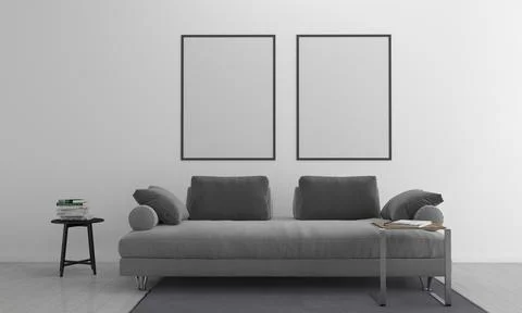 3D render of a modern living room with blank frames on the wall for your imag Stock-Illustration