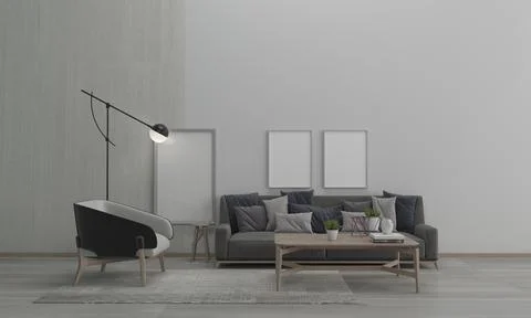 3D render of a modern living room with blank frames on the wall for your imag Illustrazione stock