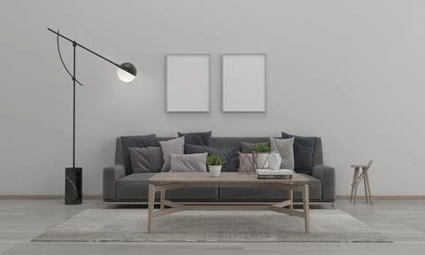 3D render of a modern living room with blank frames on the wall for your imag Stock Illustration