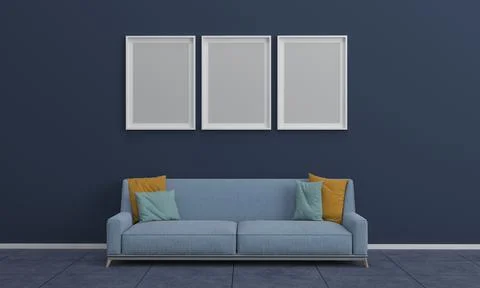 3D render of a modern living room with blank frames on the wall for your imag Illustrazione stock
