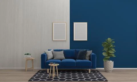 3D render of a modern living room with blank frames on the wall for your imag Stock-Illustration