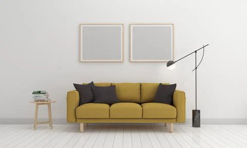 3D render of a modern living room with blank frames on the wall for your imag Stock Illustration