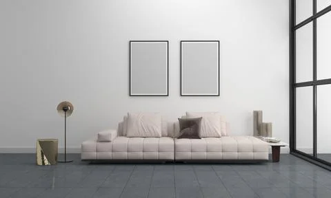 3D render of a modern living room with blank frames on the wall for your imag Stock-Illustration