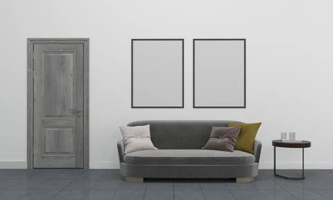 3D render of a modern living room with blank frames on the wall for your imag Stock Illustration