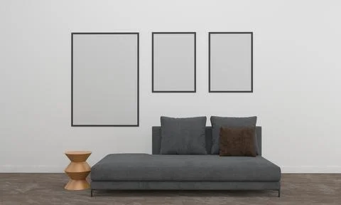 3D render of a modern living room with blank frames on the wall for your imag Stock-Illustration
