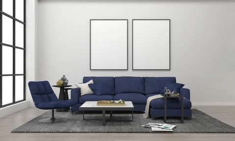 3D render of a modern living room with blank frames on the wall for your imag Illustrazione stock