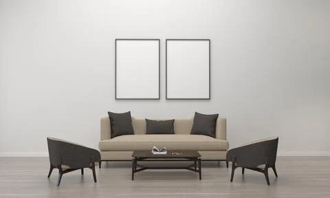 3D render of a modern living room with blank frames on the wall for your imag 스톡 일러스트