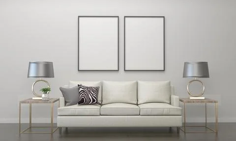 3D render of a modern living room with blank frames on the wall for your imag 스톡 일러스트