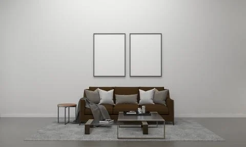 3D render of a modern living room with blank frames on the wall for your imag 스톡 일러스트