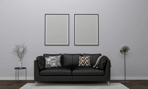 3D render of a modern living room with blank frames on the wall for your imag Stock-Illustration