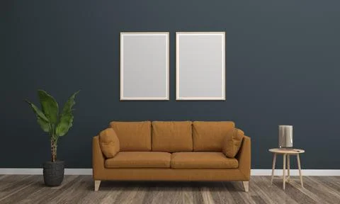 3D render of a modern living room with blank frames on the wall for your imag Stock-Illustration