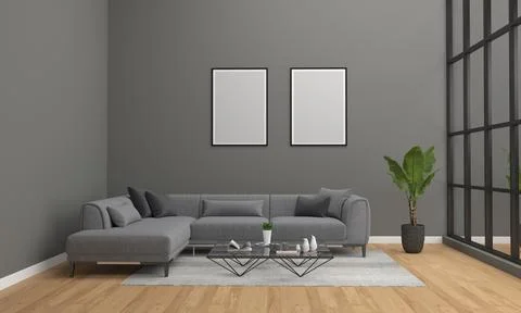 3D render of a modern living room with blank frames on the wall for your imag Stock-Illustration