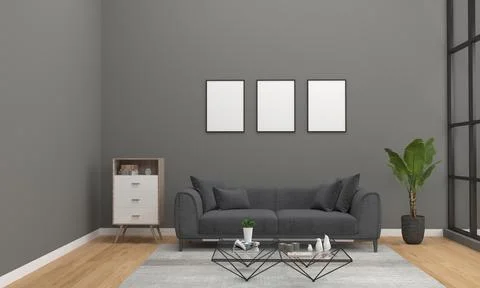 3D render of a modern living room with blank frames on the wall for your imag Illustrazione stock