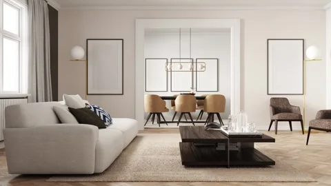 3d Render of modern livingroom with classical white walls. Stock Footage 293004746