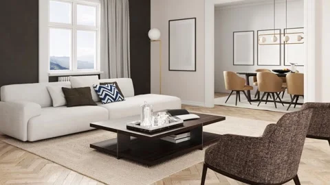 3d Render of modern livingroom with classical white walls. Stock Footage 293004752