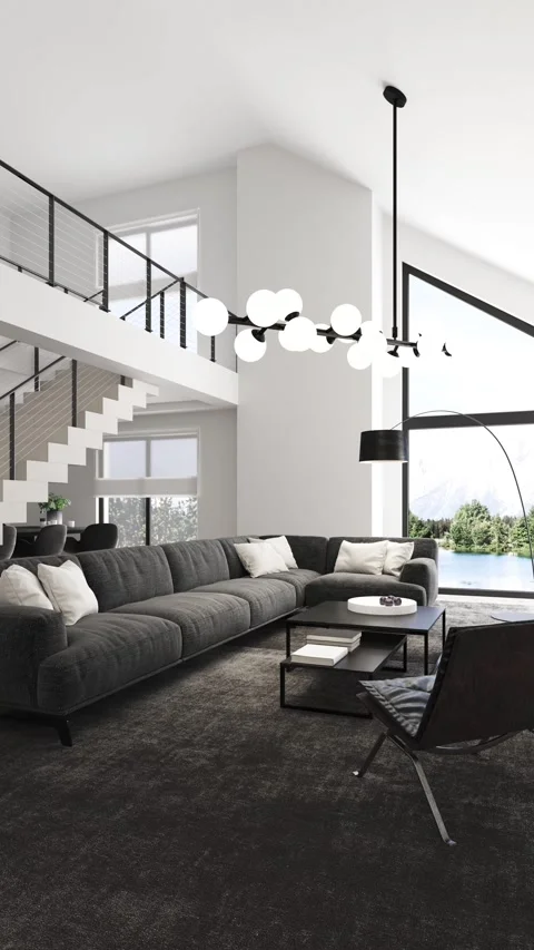 3d Render of modern livingroom with high ceiling and big windows to landscape Stock Footage 292982250