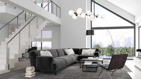3d Render of modern livingroom with high ceiling and big windows to landscape Stock Footage 293004798