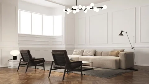 3d Render of modern livingroom with white classical walls and wood floor Stock Footage 292982191