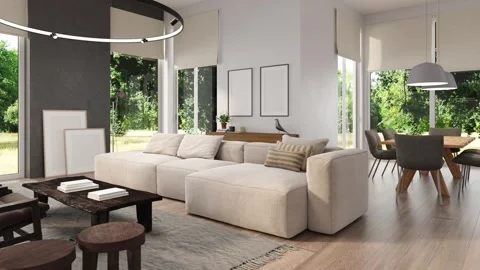 3d Render of modern livingroom with windows to garden Video stock 293127577