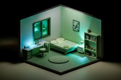 3D render of modern low poly bedroom with glowing neon lamps, isometric view Stock Illustration