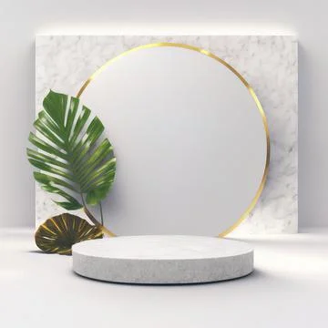 3d render, modern minimal white background with tropical leaf, rock podium, c Stock Illustration