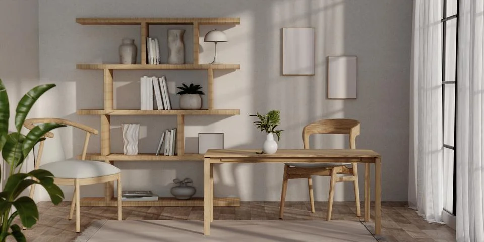 3D Render of a Modern Minimalist Interior with Wooden Furniture and Natural Stock Illustration